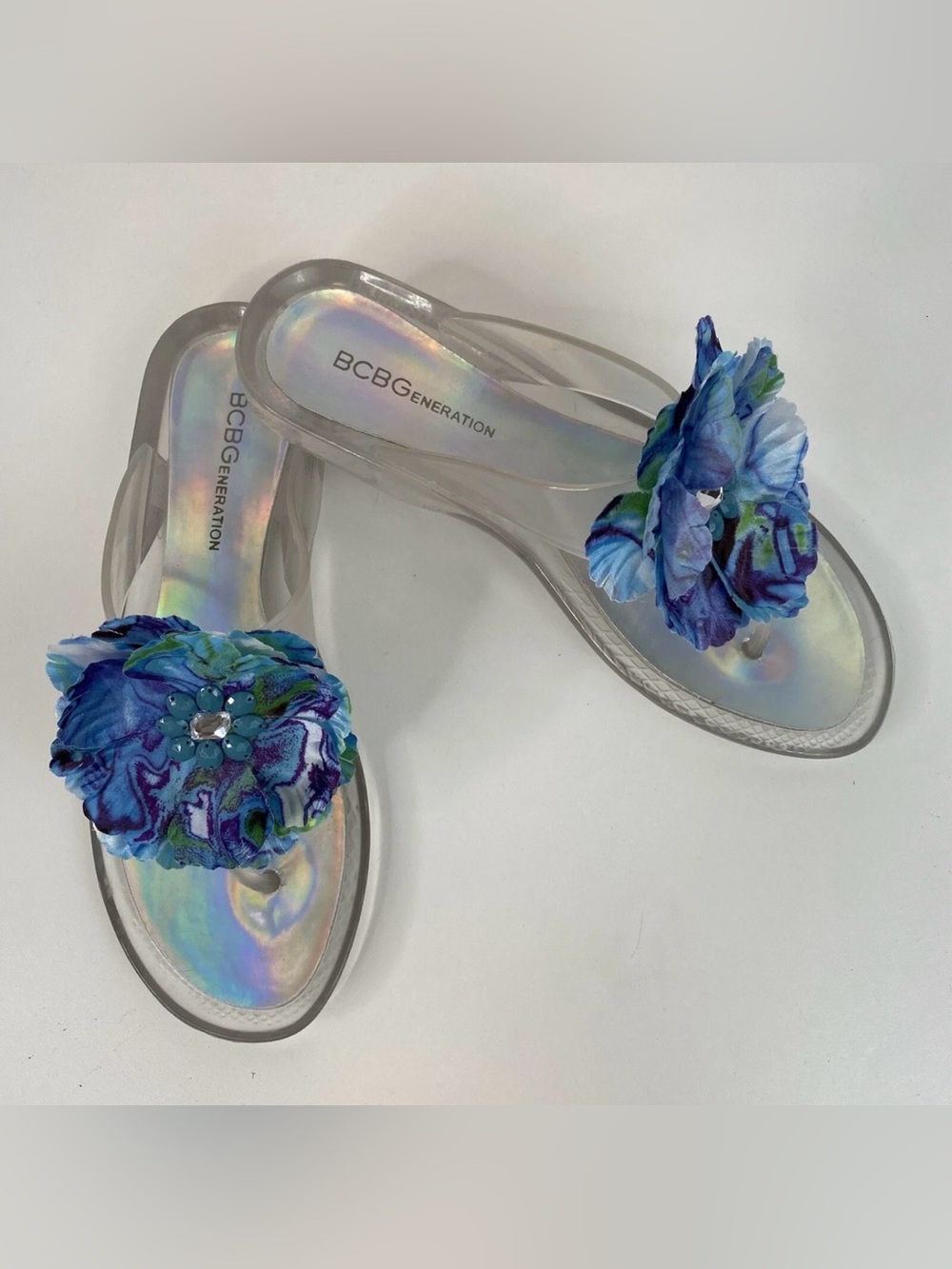 BCBGeneration Clear Jelly Thong Sandals with Blue Floral Appliqué - Size 8
